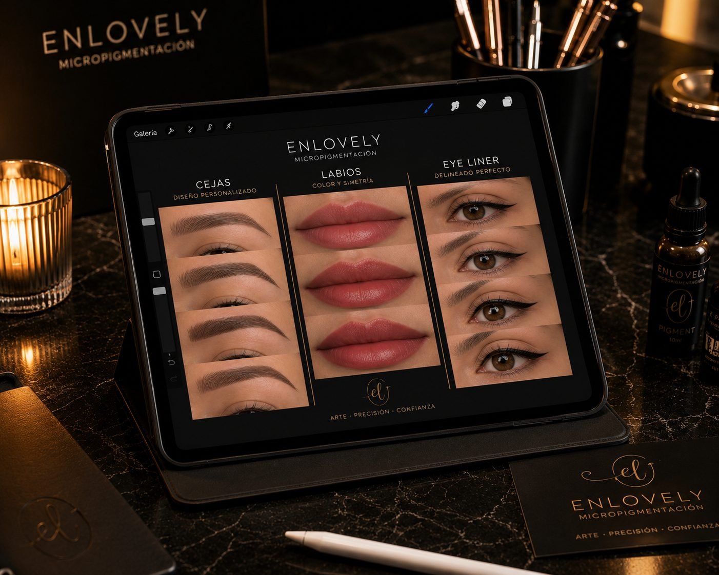 Galería de resultados de Enlovely Art en tablet: cejas, labios y eyeliner